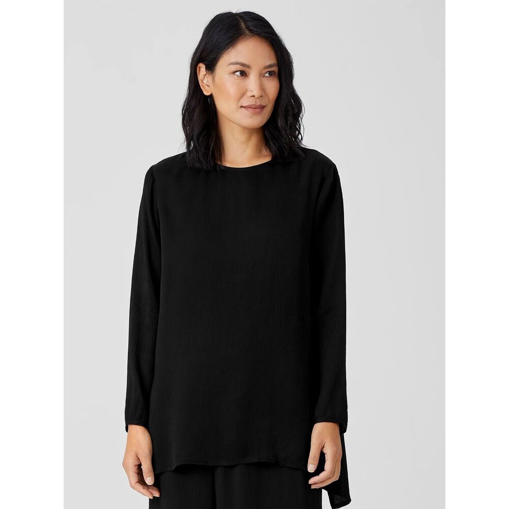 Eileen Fisher Black Textured Cupro Round‎ Neck Top Minimalist Lagenlook Size M